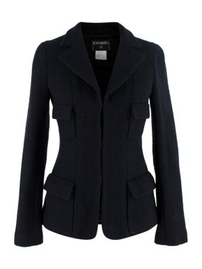 Chanel Black Wool Fitted Herringbone Tailored Jacket
