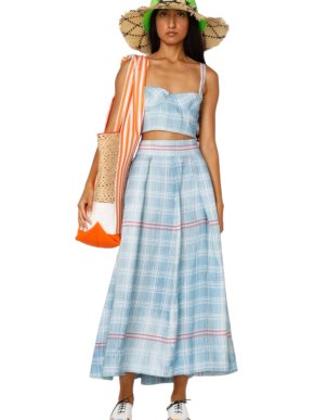 Rosie Assoulin Pale Blue & Red Check Linen Pleated Skirt