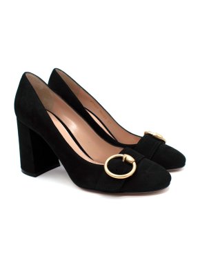 Gianvito Rossi Black Suede Gold-Tone Buckle Block Heel Pumps