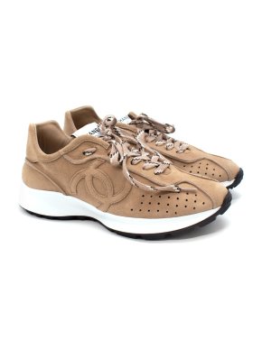 Chanel Beige & White Suede CC Embroidered Sneakers