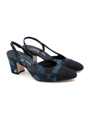 Chanel Black & Blue Denim Block Heel Slingback Pumps