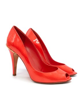 Chanel Coral Patent Leather Open Toe Pumps
