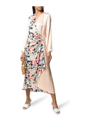 Rixo Betty Printed Satin Peach Wrap Midi Dress