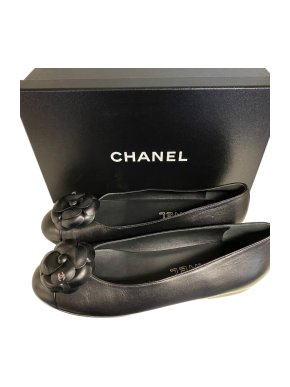 Chanel Black Camellia Flower Leather Ballerinas