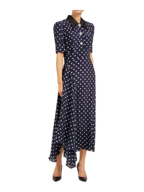 Alessandra Rich Navy Polka Dot Silk Crystal Button Tea Dress