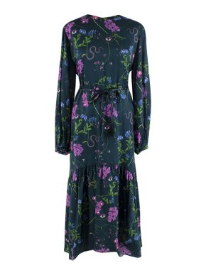Borgo de Nor Dark Green Floral Print Long Sleeve Cotton & Silk Dress