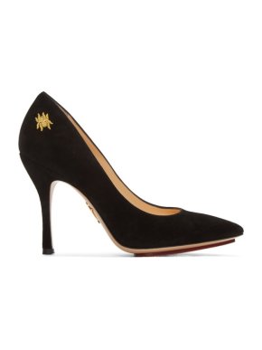 Charlotte Olympia Black & Gold Embroidered Bacall Suede Pumps