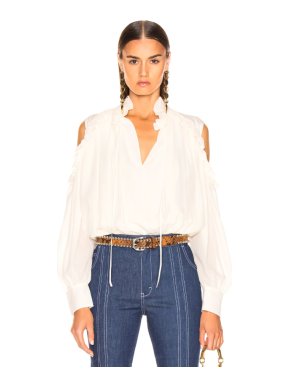 Chloe Dusty White Silk Georgette Cold Shoulder Ruffle Blouse