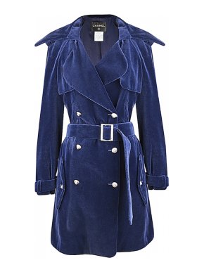 Chanel Blue Velvet Belted Trench Coat