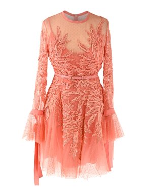 Elie Saab Coral Embroidered Lace Long Sleeve Skater Dress