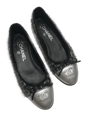 Chanel Tweed Silver Cap-Toe Ballerinas