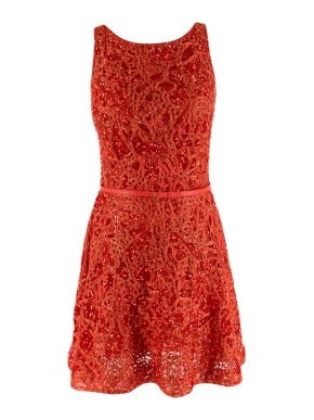 Elie Saab Red Sequin Embroidered Belted Mini Dress