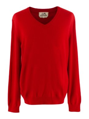 Hermes Red Cashmere V-Neck Sweater