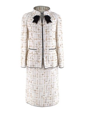 Chanel White & Metallic Gold Embellished Jacket & Pencil Skirt Suit