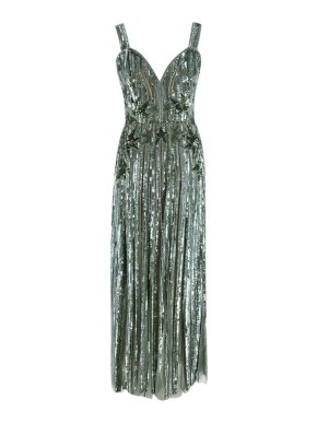 Elie Saab Teal Green Stars Sequin, Bead & Tulle Evening Dress