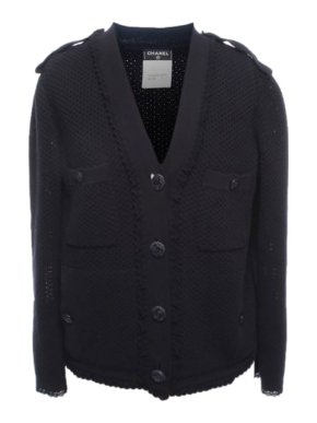 Chanel Black Open Knit Cardigan with Epaulettes