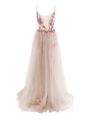 Berta Nude Tulle Plunge Neck Pink & Red Beaded Evening Gown