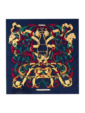 Hermes Vintage 90cm Le Mors A La Conetable Navy Silk Square Scarf