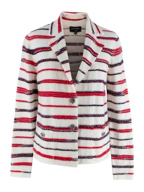 Chanel Textured Metallic Red & Navy Stripe Knitted Cashmere Jacket