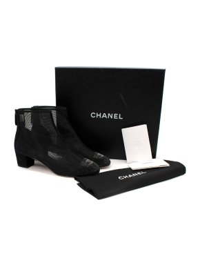Chanel Black Mesh Rhinestone Toe-Cap CC Low Heeled Ankle Boot