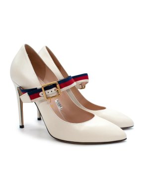 Gucci Sylvie Ivory Leather Mary Jane Web Strap Pumps