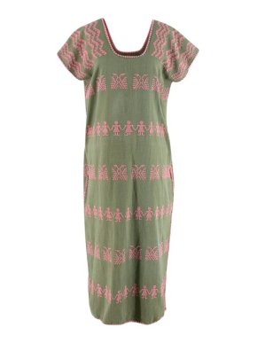 Pippa Holt 153 Khaki Cotton Pink Embroidered Kaftan Dress
