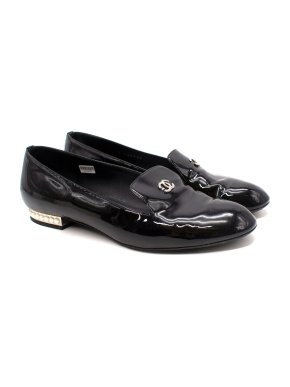 Chanel Black Patent Leather Pearl Heel Loafers