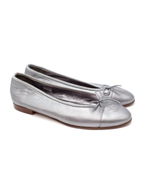 Chanel Metallic Silver Leather CC Toe Cap Ballet Flats