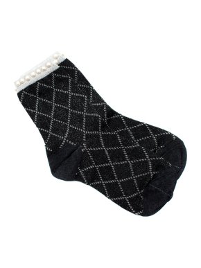Chanel Black & Silver Lurex Diamond Weave Faux-Pearl Trim Ankle Socks