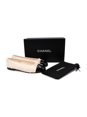 Chanel Cream Tweed & Black Patent Leather CC Toe Cap Flats