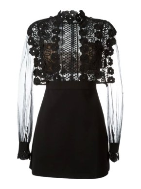 Self Portrait Black Crochet Panel Mini Dress with Sheer Sleeves