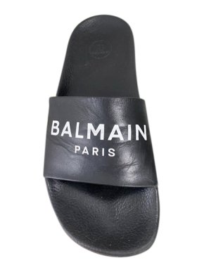 Balmain Black Leather Logo Slides