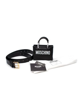 Moschino Black Smooth Leather Logo Print Mini Top Handle Belt Bag