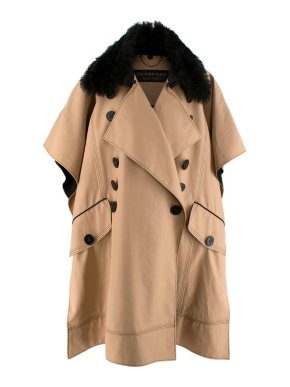 Burberry Honey Cotton Gabardine Black Faux-Shearling Collar Cape