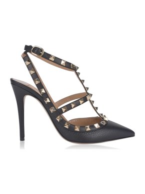 Valentino Garavani Black Grained Leather Rockstud Slingbacks