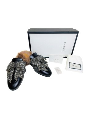 Gucci Crystal Bow Embellished Fur Lined Princetown Slippers