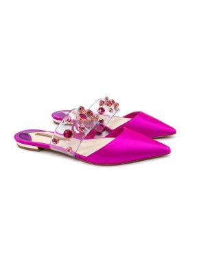 Sophia Webster Dina Pink Satin & Crystal Embellished PVC Flat Mules