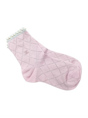 Chanel Pink & Silver Lurex Diamond Weave Faux- Pearl Trim Ankle Socks
