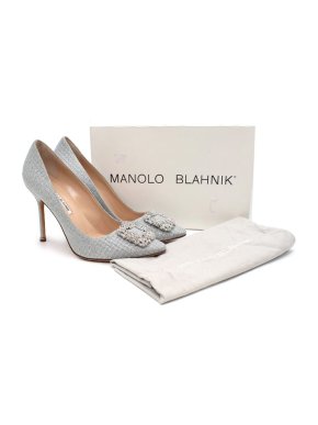 Manolo Blahnik Hangisi Woven Silver Glitter Pumps