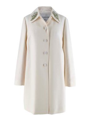 Valentino Ivory Wool Twill Crystal Embellished Collar Dress Coat