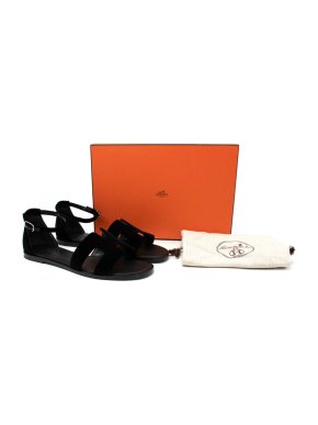 Hermes Santorini Black Velour Ankle Strap Flat Sandal