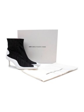 Jimmy Choo/Marine Serre Black Moire Taffeta White Leather Ankle Boots
