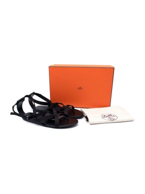 Hermes Aura Black Leather & Webbings Strap Flat Sandals