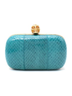 Alexander McQueen Turquoise Snakeskin Skull Clasp Box Clutch