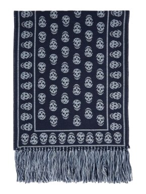 Alexander McQueen Navy Double Face Wool Skull Scarf
