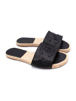 Chanel Black Leather CC Embellished Flat Espadrille Slides
