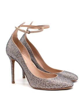 Valentino Poudre Leather Crystal Embellished Ankle Strap Pumps