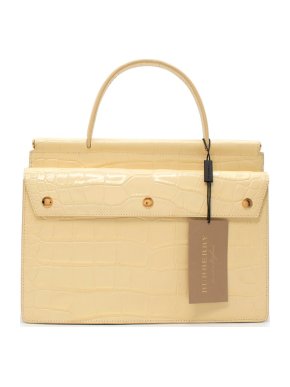 Burberry Glossy Pale Yellow Embossed Croc Leather Top Handle Bag