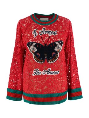 Gucci Red Corded Lace 'L'aveugle Par Amour' Butterfly Jumper