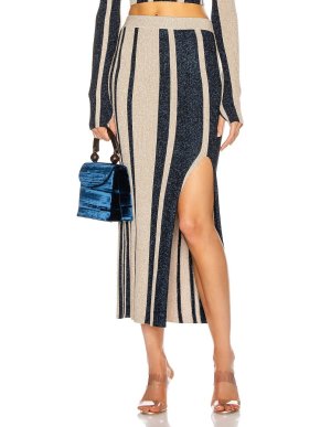 Self-Portrait Navy & Beige Ribbed Lurex Striped Midi Skirt